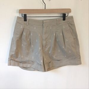 J. Crew Khaki Nautical Sailor Anchor Embroidered Pleated Trouser Shorts